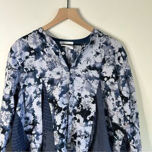 Textile hARvesT Floral Mixed Media Recycle Fabric Button-Up Shirt Large